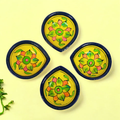 Hand-Painted Ceramic Diyas - Set of 4 – Yellow and Blue