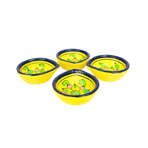 Hand-Painted Ceramic Diyas - Set of 4 – Yellow and Blue