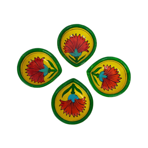 Hand-Painted Ceramic Diyas - Set of 4 – Yellow and Green