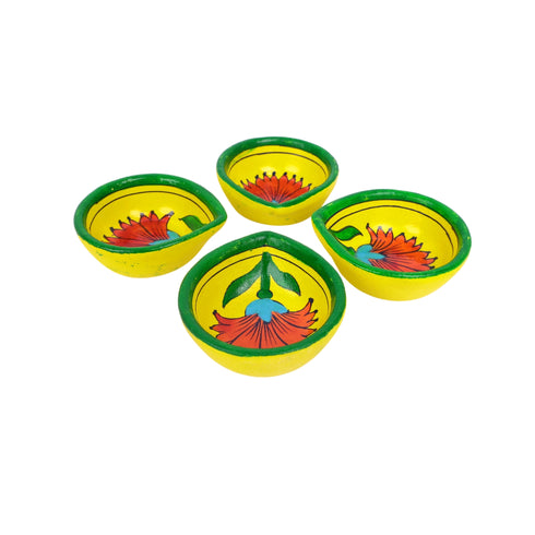 Hand-Painted Ceramic Diyas - Set of 4 – Yellow and Green