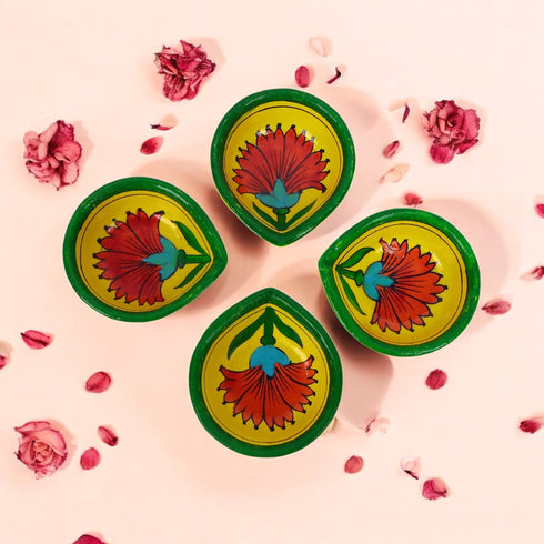 Hand-Painted Ceramic Diyas - Set of 4 – Yellow and Green