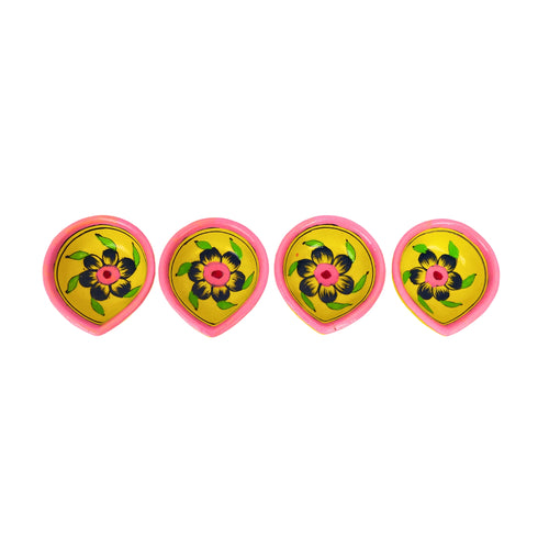 Hand-Painted Ceramic Diyas - Set of 4 – Yellow and Pink