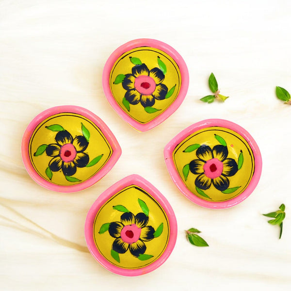 Hand-Painted Ceramic Diyas - Set of 4 – Yellow and Pink