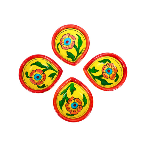Hand-Painted Ceramic Diyas - Set of 4 – Yellow and Red