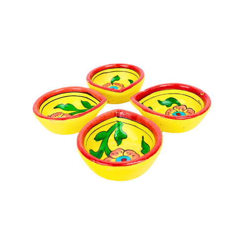 Hand-Painted Ceramic Diyas - Set of 4 – Yellow and Red