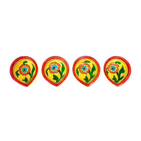 Hand-Painted Ceramic Diyas - Set of 4 – Yellow and Red
