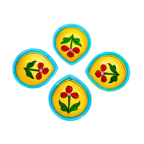 Hand-Painted Ceramic Diyas - Set of 4 – Yellow and Turquoise