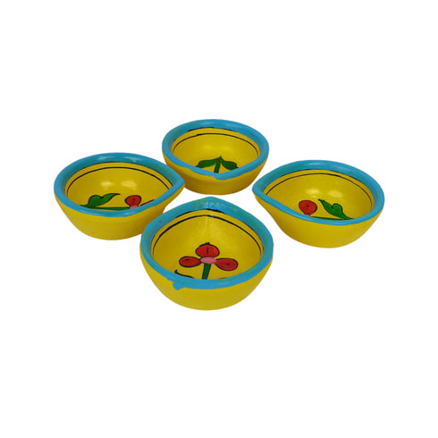 Hand-Painted Ceramic Diyas - Set of 4 – Yellow and Turquoise