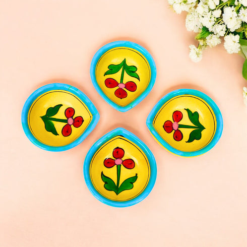 Hand-Painted Ceramic Diyas - Set of 4 – Yellow and Turquoise