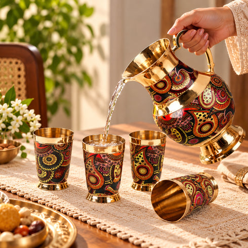 Hand-painted Brass Jug with Glass Set – 1 litre