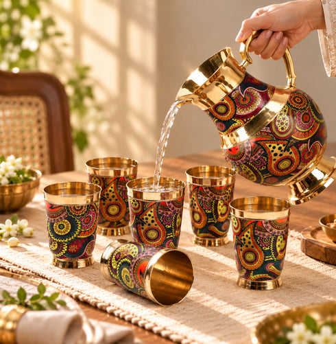 Hand-painted Brass Jug with Glass Set – 1 litre