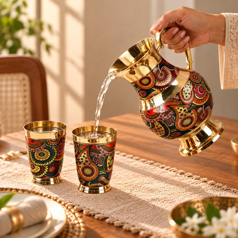 Hand-painted Brass Jug with Glass Set – 1 litre