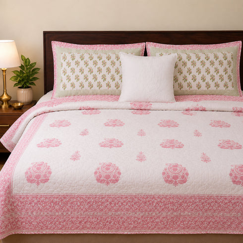 Hand Block Print Floral Pattern Premium Mulmul cotton Double Bedcover and pillow cover