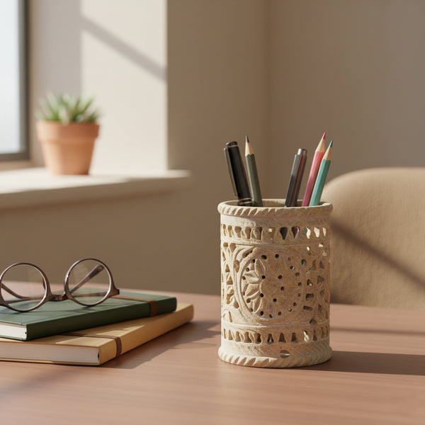 Hand Carved Soapstone Pen Holder
