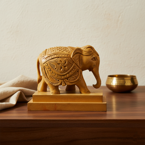 Hand Carved Wooden Elephant Statue – Artisanal Décor Item