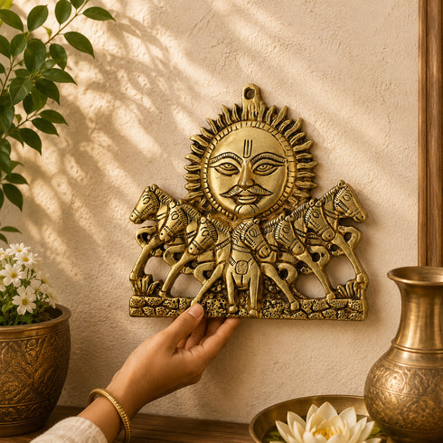 Handcrafted Brass Surya with Seven Horse Wall Hanging