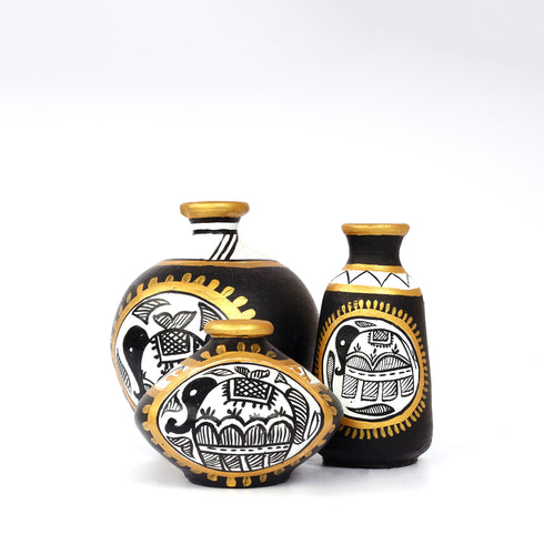 Handcrafted Black Terracotta Pots for Home Decor - Set of 3 - Madhubani Hand Painting