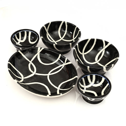 Handcrafted Black & White Blue Pottery Bowl & Plate Set – Modern Jaipur Art