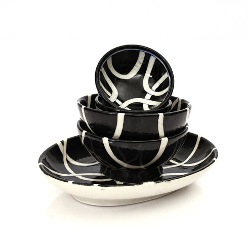 Handcrafted Black & White Blue Pottery Bowl & Plate Set – Modern Jaipur Art
