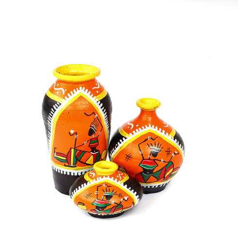 Handcrafted Black and Orange Terracotta Pots for Home Decor - Set of 3 - Warli Hand Painting