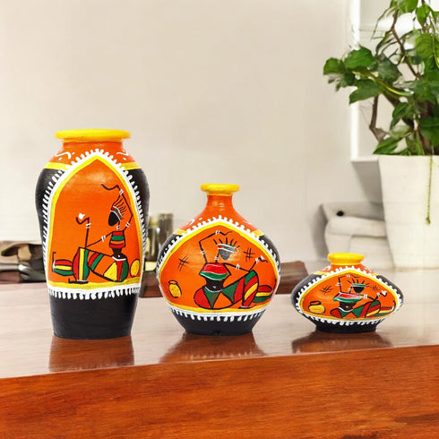 Handcrafted Black and Orange Terracotta Pots for Home Decor - Set of 3 - Warli Hand Painting