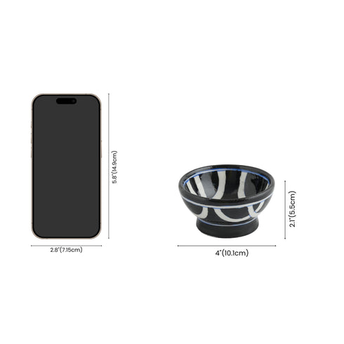 Handcrafted Black and White Round Blue Pottery Bowls—Set of 2—Geometric Pattern—4”