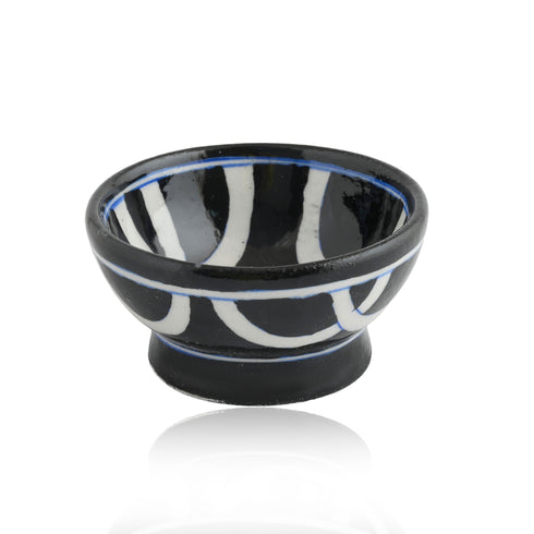 Handcrafted Black and White Round Blue Pottery Bowls—Set of 2—Geometric Pattern—4”