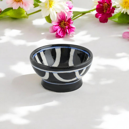 Handcrafted Black and White Round Blue Pottery Bowls—Set of 2—Geometric Pattern—4”