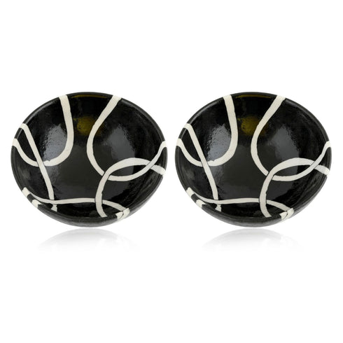 Handcrafted Black and White Round Blue Pottery Bowls—Set of 2—Geometric Pattern—6”