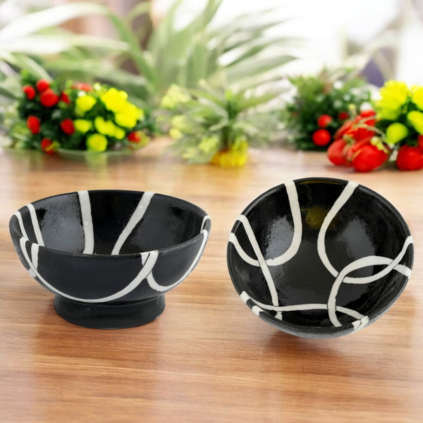 Handcrafted Black and White Round Blue Pottery Bowls—Set of 2—Geometric Pattern—6”