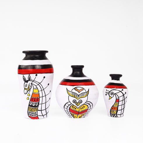 Handcrafted Black and White Terracotta Pots for Home Decor - Set of 3 - Madhubani Hand Painting