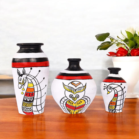 Handcrafted Black and White Terracotta Pots for Home Decor - Set of 3 - Madhubani Hand Painting