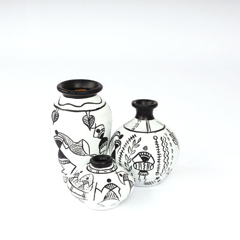 Handcrafted Black and White Terracotta Pots for Home Decor - Set of 3 - Warli Hand Painting
