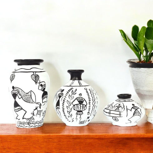 Handcrafted Black and White Terracotta Pots for Home Decor - Set of 3 - Warli Hand Painting