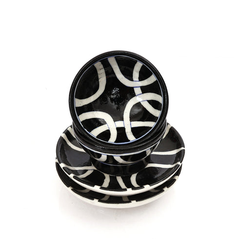 Handcrafted Black & White Blue Pottery Bowl & Plate Set – Modern Jaipur Art