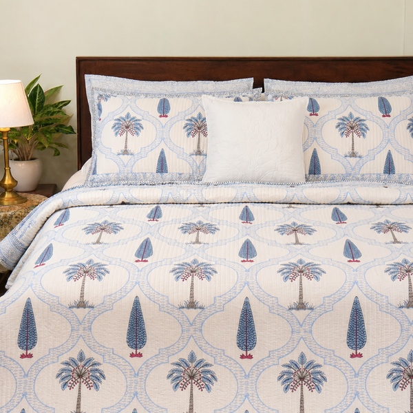 Handcrafted Blue Blooming Vines Lattice Cotton King Size Bedsheet, Pillow Cover & Dohar (4-piece set)