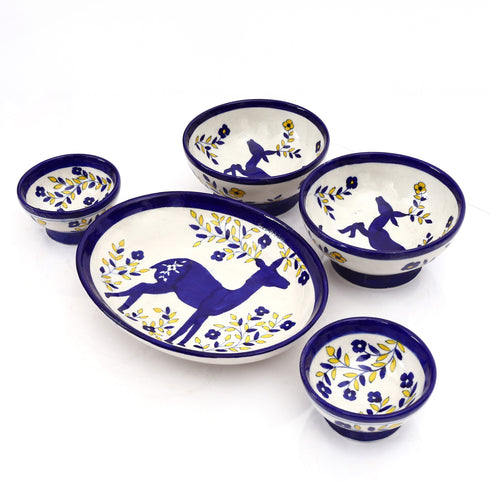 Handcrafted Blue Pottery Deer Dining Collection - Elegant 3-Piece Serving Set
