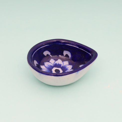 Handcrafted Blue Pottery Diyas Set - Blue - Leaf-Design