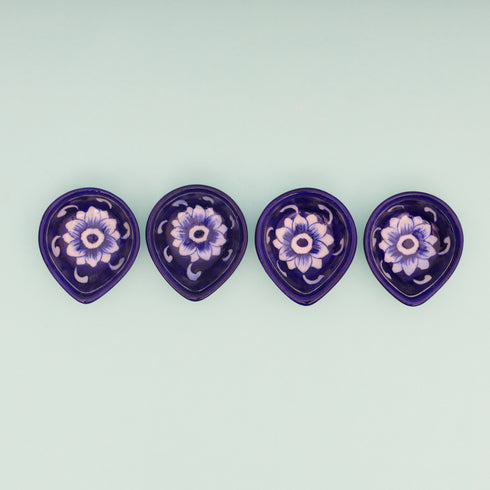Handcrafted Blue Pottery Diyas Set - Blue - Leaf-Design