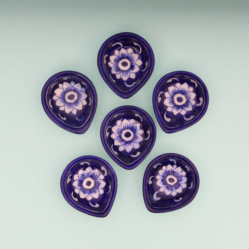 Handcrafted Blue Pottery Diyas Set - Blue - Leaf-Design