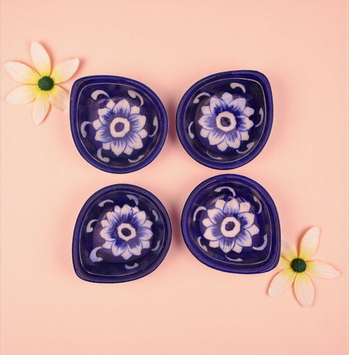 Handcrafted Blue Pottery Diyas Set - Blue - Leaf-Design