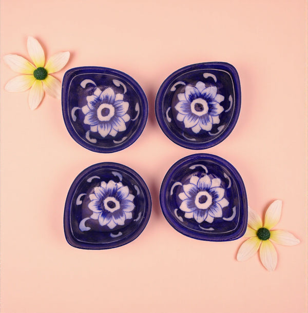 Handcrafted Blue Pottery Diyas Set - Blue - Leaf-Design