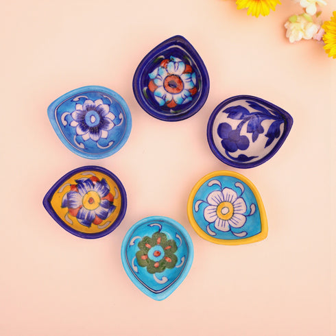 Handcrafted Blue Pottery Diyas Set (Assorted Designs)