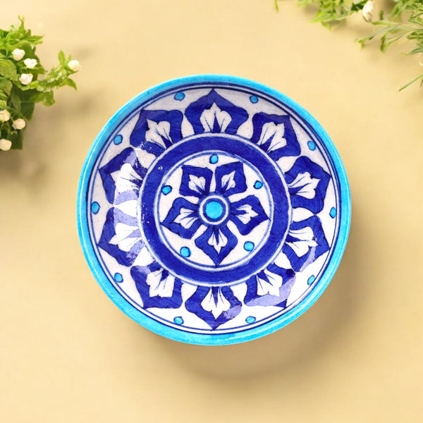 Handcrafted Blue Pottery Floral Decorative Plate—Cyan Blue