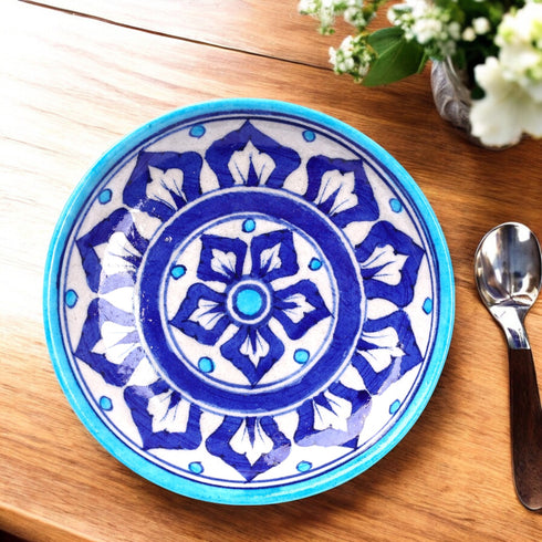 Handcrafted Blue Pottery Floral Decorative Plate—Cyan Blue