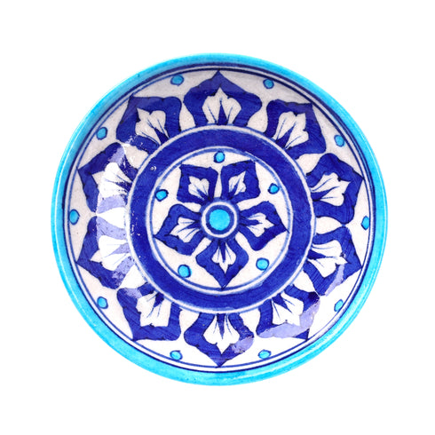 Handcrafted Blue Pottery Floral Decorative Plate—Cyan Blue