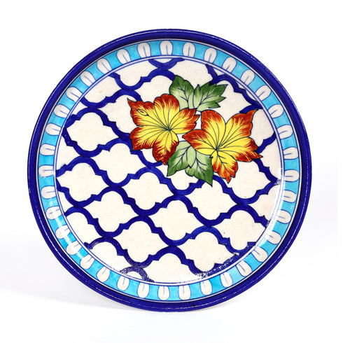 Handcrafted Blue Pottery Floral Decorative Plate—White and Blue