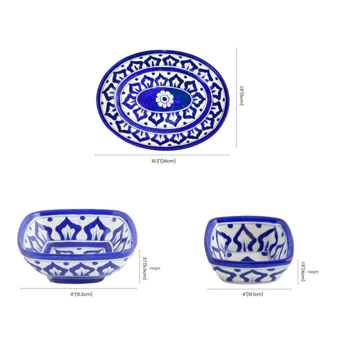 Handcrafted Blue Pottery Geometric Dining Collection - Classic 3-Piece Serving Set