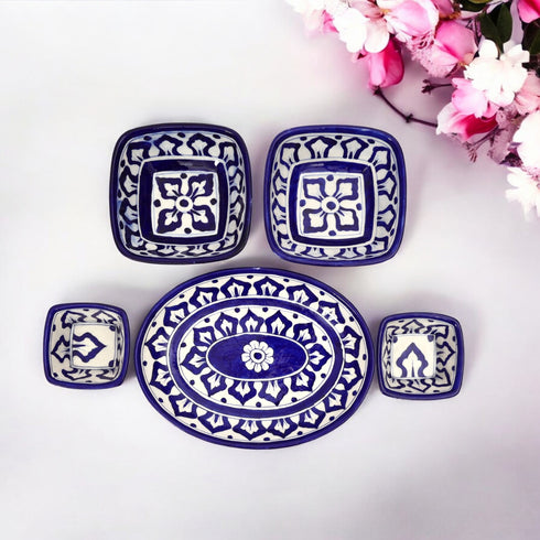 Handcrafted Blue Pottery Geometric Dining Collection - Classic 3-Piece Serving Set