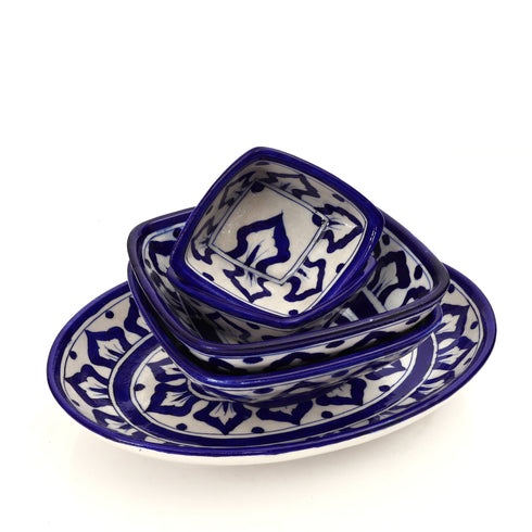 Handcrafted Blue Pottery Geometric Dining Collection - Classic 3-Piece Serving Set